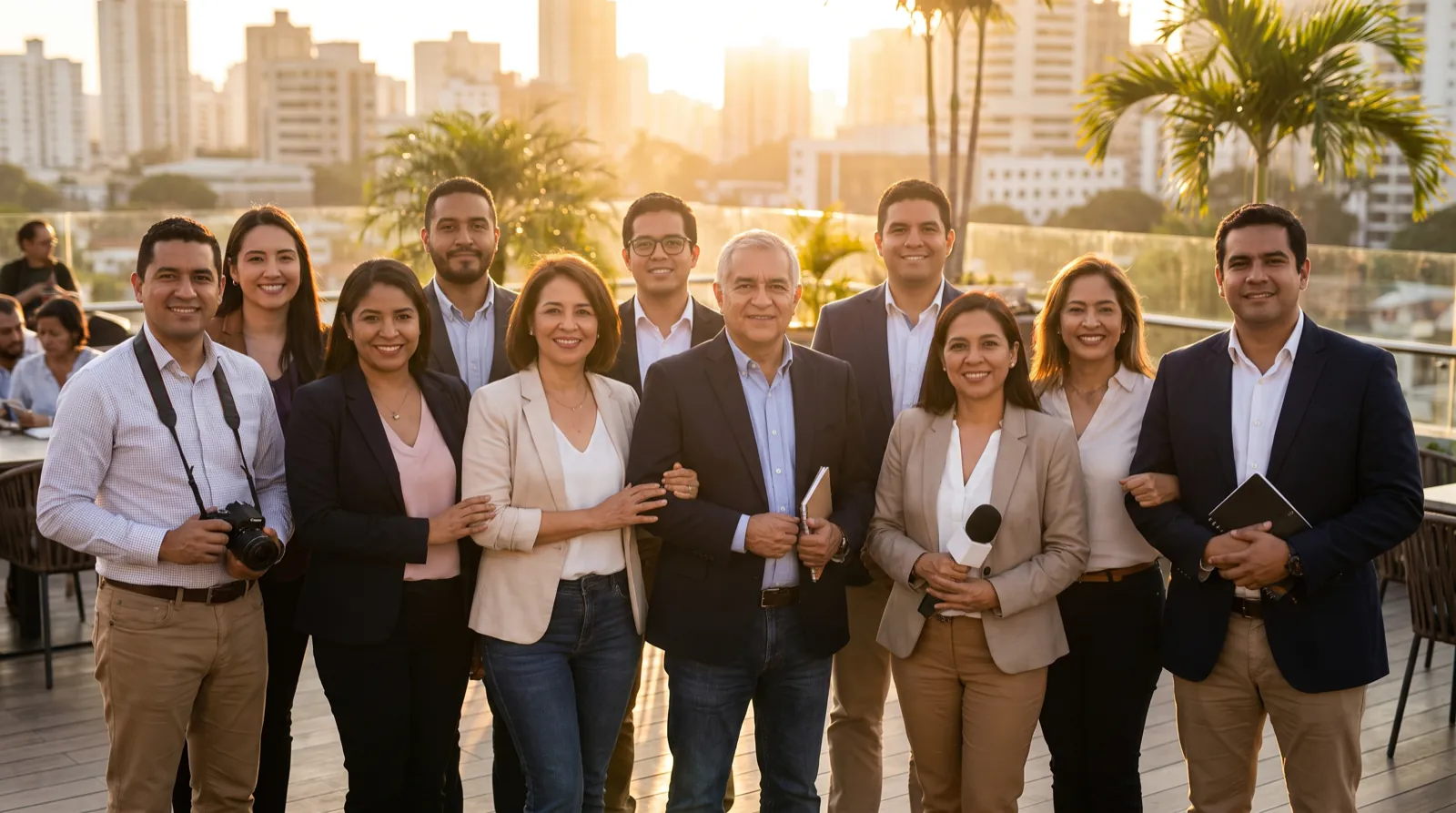 Grupo de comunicadores latinoamericanos en una azotea a la hora dorada