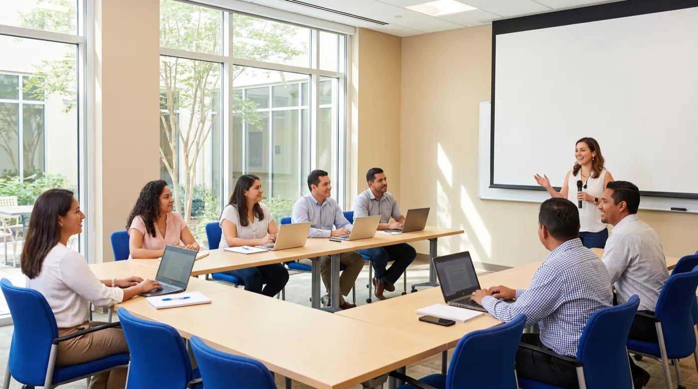 Taller de formación profesional con comunicadores adultos frente a computadoras portátiles