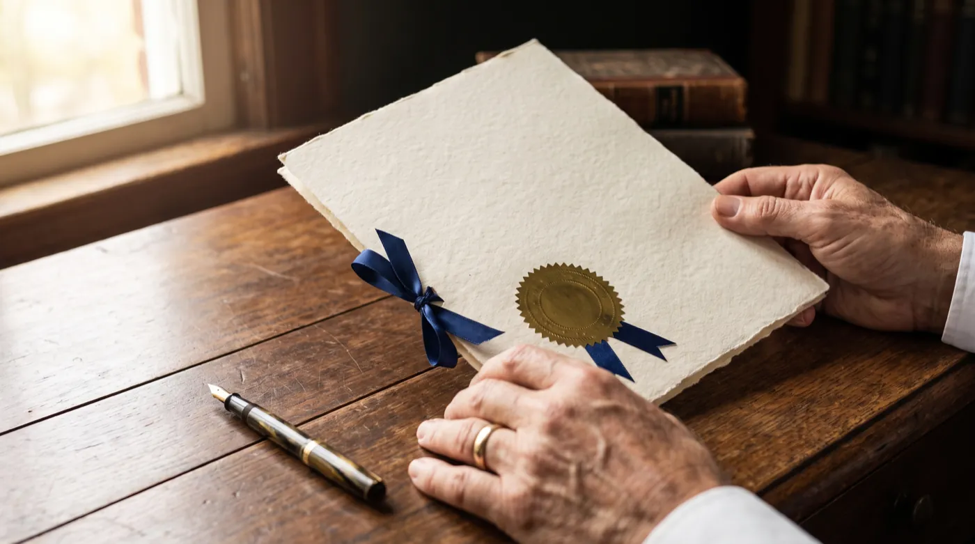Manos sosteniendo un certificado con sello dorado en relieve