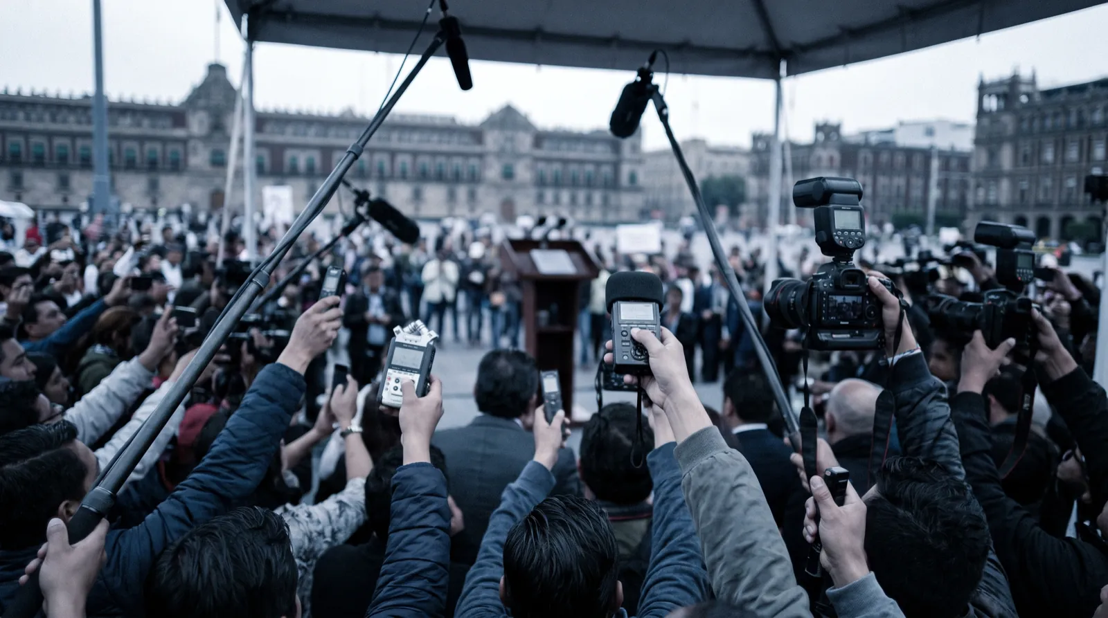 Grupo de reporteros con grabadoras y micrófonos alzados durante una conferencia de prensa