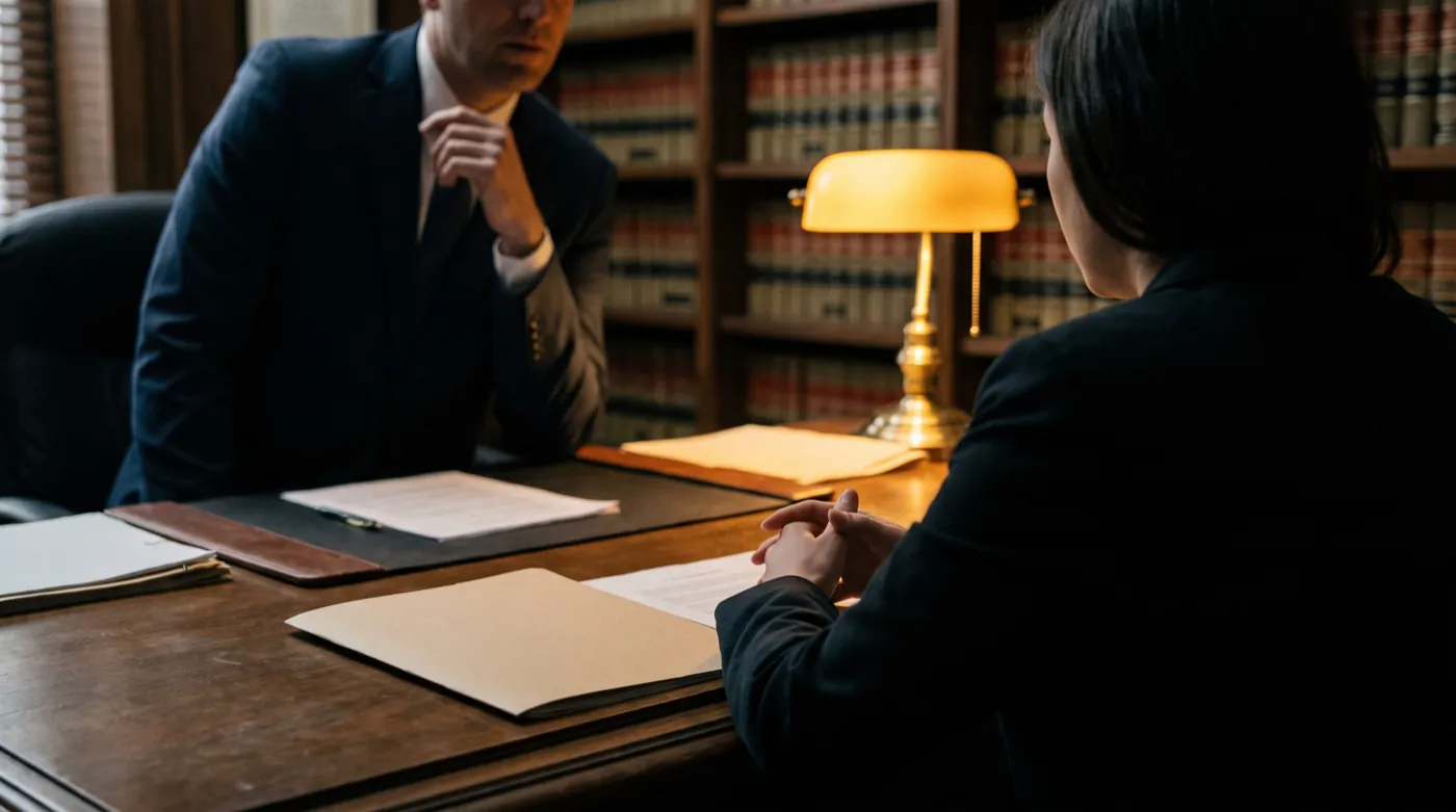 Consulta jurídica discreta entre un abogado y una persona en un despacho