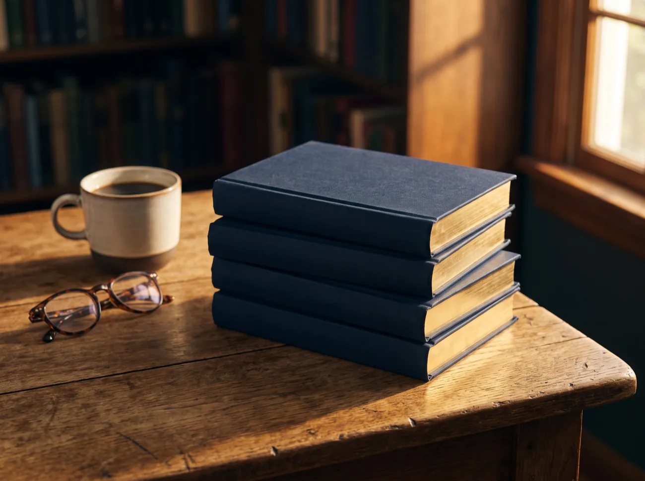 Pila de libros de tapa dura azul sobre una mesa de madera