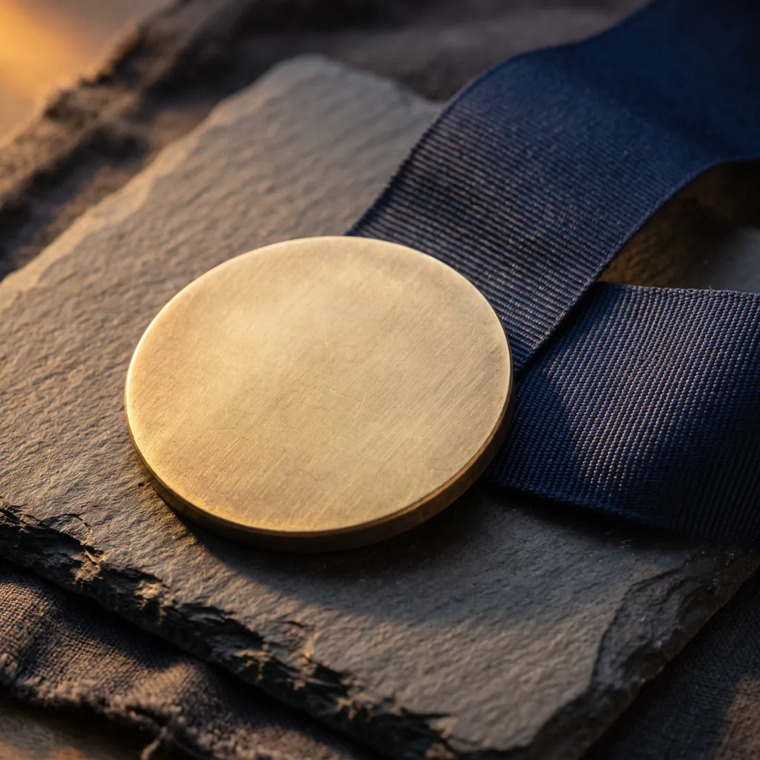 Medalla conmemorativa de oro con listón azul marino sobre pizarra oscura