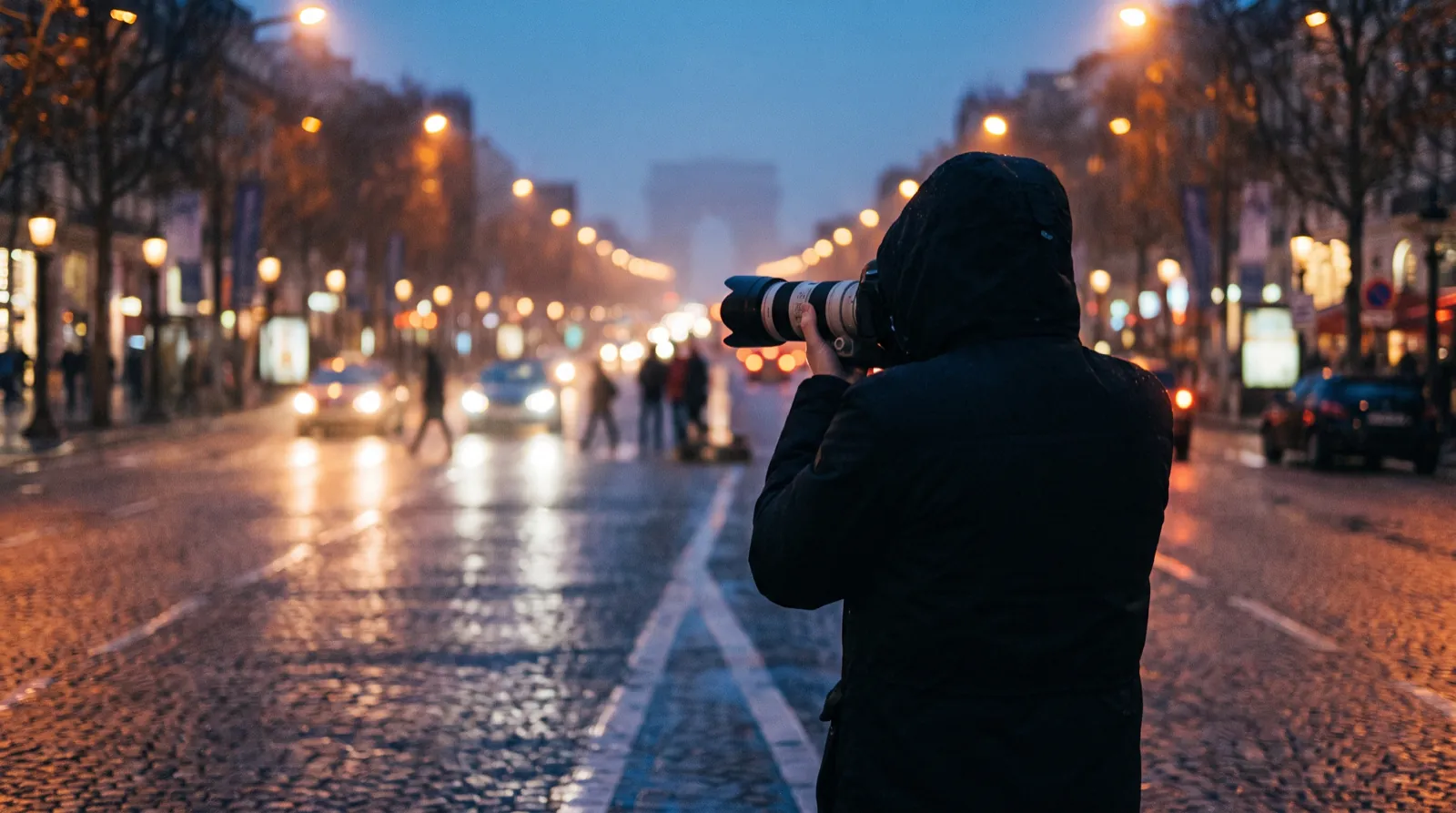 Fotoperiodista de espaldas fotografiando una avenida al anochecer