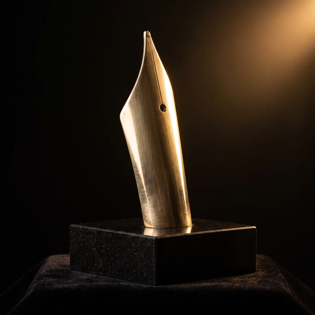 Presea escultórica en forma de plumín de bronce sobre base de granito negro